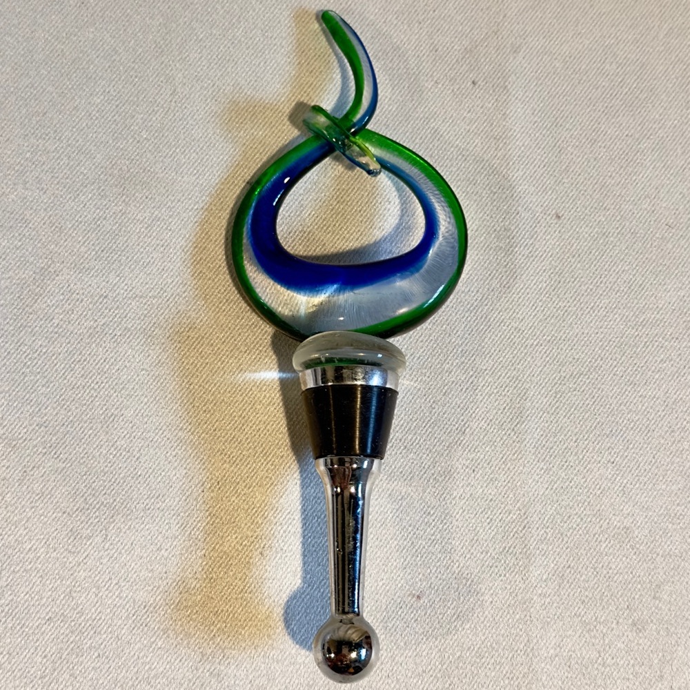 Vintage Art Glass Wine Bottle Stopper with Green and Blue Swirl